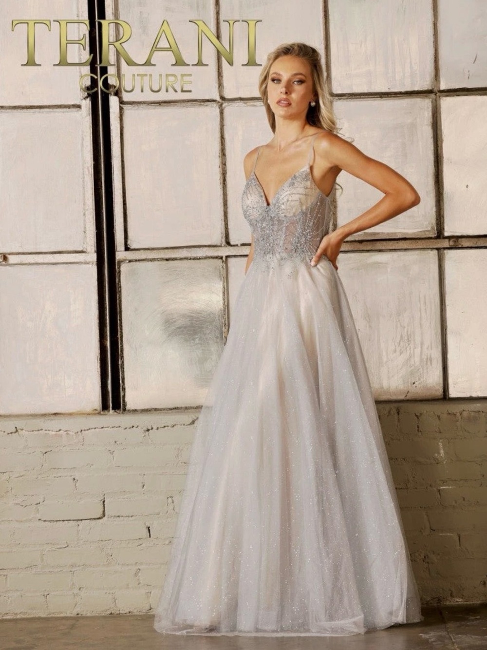 Terani Couture Silver Tulle Prom Gown with Embellished Bodice
